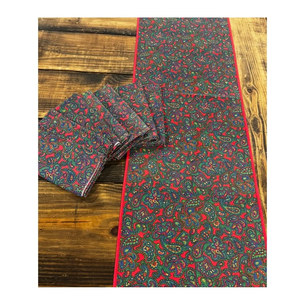 Vintage Cotton Paisley Table Runner & 8 Napkins Red Green Holiday Linen Set 90s